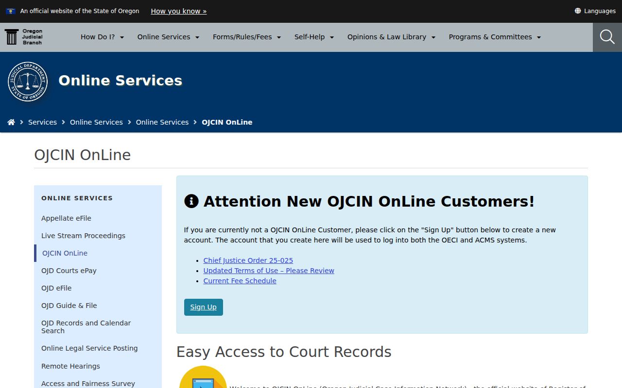 OJCIN court search used for Lincoln County criminal court records