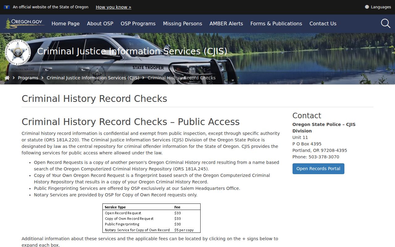 Lincoln County criminal history options on the Oregon State Police page