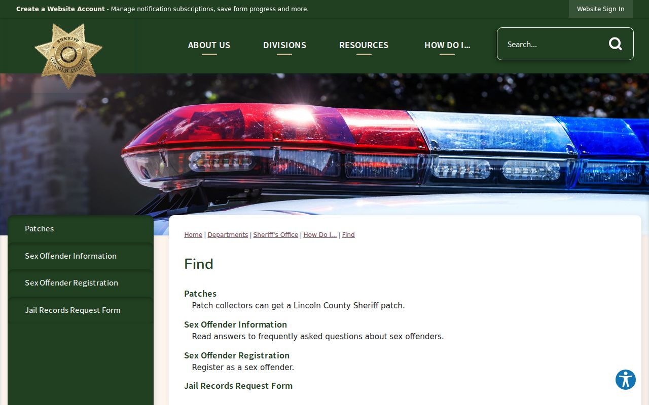 Lincoln County Sheriff lookup links for jail and criminal records